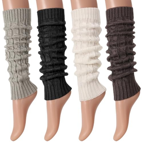 ViEinkaufen 4 Pairs Leg Warmers for Women Girls Winter Knitted Leg Warmers Ladies, Long Boot Cuff Knee Socks Fashion Warm Long Boot Socks for 80s Party Yoga Dance Skating
