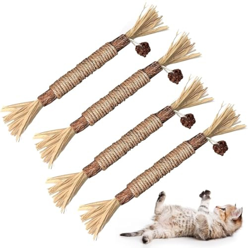 4 Pcs Cat Silvervine Chew Sticks, Kitten Toy Natural Cat Teeth Nip Cleaning Catnip Toys for Indoor Cats Kitten Teething and Stress