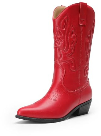 DREAM PAIRS Stivali da Cowboy Donna Stivali a Metà Polpaccio Da Donna Stivali da Cowgirl con Tacco Grosso Ricamati,Size 37,Rosso,DWUMMB2419