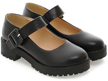 KUHAOFEU Women's Mary Janes Shoes Cute Round Closed Toe Flats Platform Oxford Dress Shoes Ankle Strap Uniform Party School Work Shoes,Black,1 UK