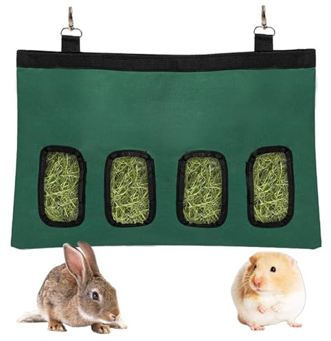 Bolsa de alimentación de heno para conejos y comedero automático colgante con 4 agujeros, color verde