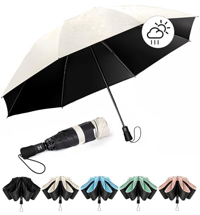 Chakipee Regenschirm Groß Sturmfest Kompakter Reise für Damen und Herren– Automatik Auf und Zu Taschenschirm Tragbarer UV-Schirm, Taschenschirme 210T Beschichtung 115 cm Spannweite 8 Rippen Beige
