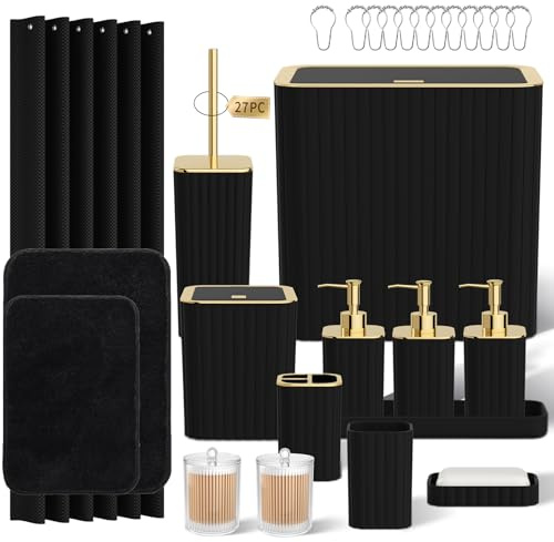 InnJoey Bathroom Accessory Set - Bathroom Set, 27PC Bathroom Accessories Set, Black Bathroom Sets with Shower Curtain and Rugs, Mini Trash Can, Toilet Brush, Trash Can & Soap Dispenser