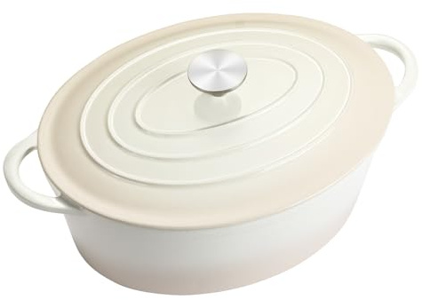 NSIRONS Casseruola in ghisa con coperchio, ovale in ghisa, 6,6 l, adatta al forno, stufato con coperchio per tutti i piani cottura a induzione (bianco)