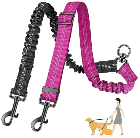 fKiZanthene Guinzaglio doppio per 2 cani con collegamento elastico, guinzaglio regolabile per due cani con giunto girevole a 360 gradi, guinzaglio nero per passeggiate nella vita quotidiana e parco