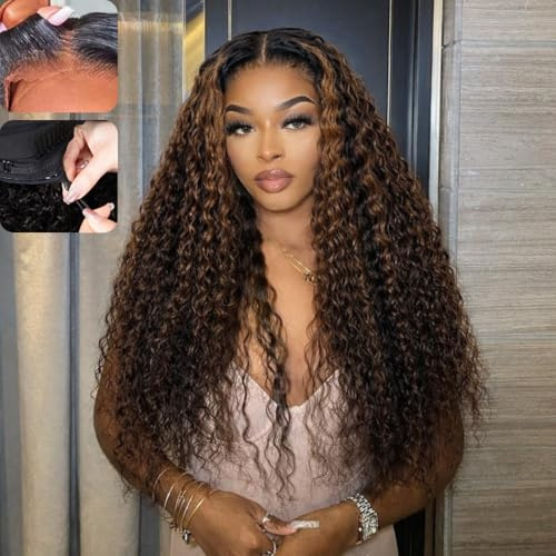 7X5 1B/30 Balayage Ombre Lace Front Wigs Human Hair 210% Density Glueless Wigs Human Hair Pre Plucked Pre Cut 22 Inch Deep Wave Wigs For Women With Drawstring Cap Beginner Friendly