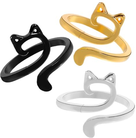 Hohopeti Anelli per Maglieria e Uncinetto a Forma di Gatto, Set da 3 Pezzi in Lega di Zinco, Anelli Aperti per Guida Filo e Tensione, Accessori Leggeri e Decorativi per Lavoro a Maglia