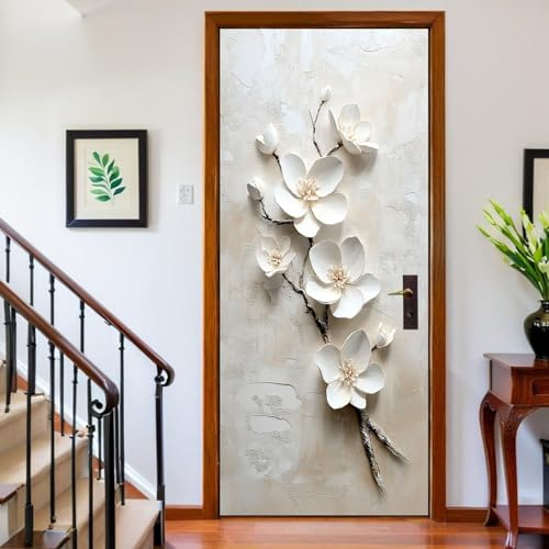 Adesivi per Porte Interne Fiori in rilievo 3D 95x215 cm Carta da Parati Porta Autoadesiva Bianco Poster Murale Rimovibile Decorazione Casa per Soggiorno Cucina Camera