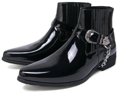HHMYJUQA Bottines Homme Noir Verni Chic Chaussures Rétro Boucle Métal