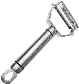 Neustanlo by WSM | Edelstahl Julienneschneider 2 in 1 Sparschäler | Gemüseschäler und Obstschäler | Doppelklinge für Schälen und Streifenschnitt für Gemüse Nudeln