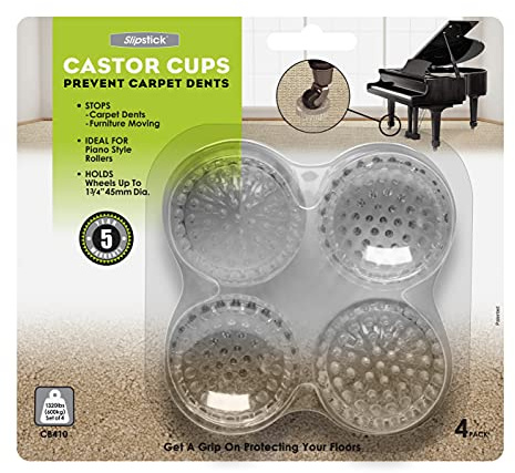 Slipstick CB410 Carpet Protector Caster Cups / Carpet Gripper Cups for Under Furniture (Set of 4) 45 mm Round - Clear Plastic
