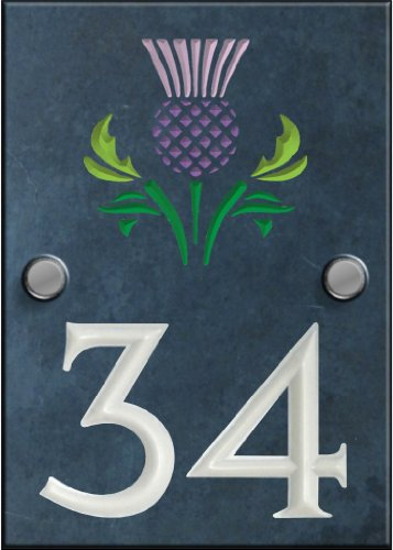 Engraved Slate House Number Sign Plaque with hand painted motif - Scottish Thistle