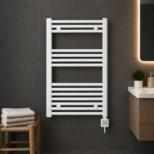 anapont Radiateur de salle de bain, électrique, 775 x 750 cm, avec minuterie, droite, blanc, sèche-serviettes, fabriqué en Allemagne