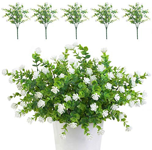 TSHAOUN 5 Stück Künstliche Blumen Unechte Blumen Deko Innen Draussen Pflanzen Sträucher Grün UV-beständige für Blumen Arrangement, Zuhause Garten Braut Hochzeit Party Dekor (Weiß)