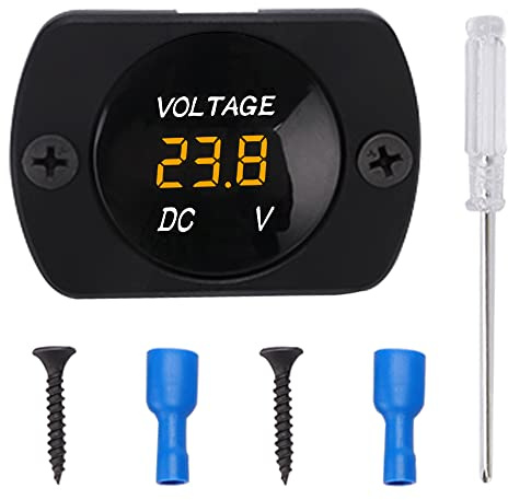 YIXISI Voltmetro per Auto Impermeabile con Schermo Digitale a LED e Piastra di Montaggio, DC 12V 24V Misuratore di Tensione Rotondo con Terminali per Barca Veicolo Motociclo Camion ATV UTV, Arancia