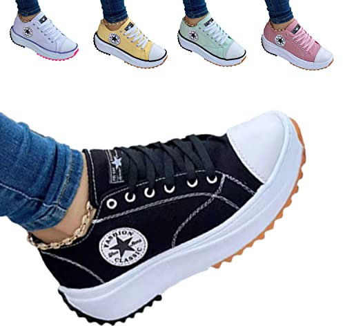 UGIF Neue Womens Canvas-Trainer, 2022 Segeltuchschuhe Damenmode Trainer, 2022 Canvas Shoes Women Fashion Trainers, Freizeitschuhe Sneaker Sommerschuhe, rutschfeste Damenschuhe, Schwarz, 40 EU
