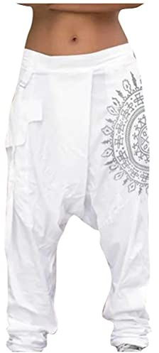 ORANDESIGNE Hommes Sarouel Pantalon Confortable Taille Élastique Pantalon De Mode Unicolore Casual Yoga Hippies Pantalon B Blanc L