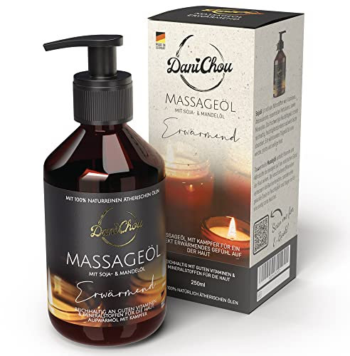 DaniChou Massageöl Erwärmend 250ml - Mit Sojaöl & Mandelöl - Direkt wärmendes, entspannendes Gefühl - 100% Naturkosmetik & ätherische Öle - Massage Öl mit Kampfer - Für eine intensive Entspannung
