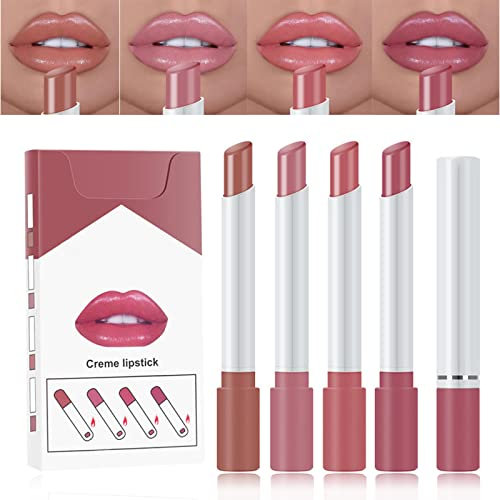 MEITREND Plumping Lip Gloss Set,Lipstick Sets 4 Pcs High Pigmented Velvety Nude Cigarette Lipgloss, Long Lasting Non-Fading Waterproof Shimmer Liquid Lipsticks,Makeup Sets For Women Gifts Surprise