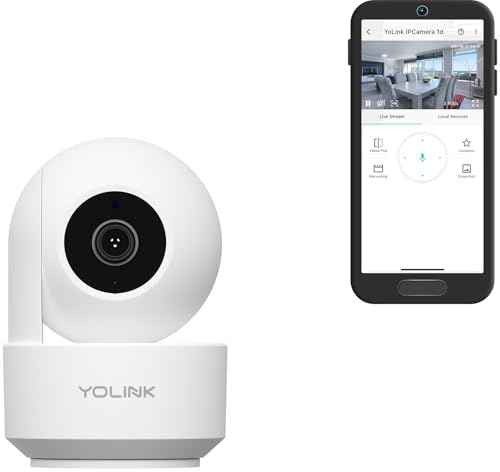 YoLink Uno 2.4G WiF Wireless Home Security Camera Indoor, for Baby and Pet Monitor, 1080p Dog Camera with Phone App, Night Vision B/W, 2-Way Audio, 64G SD Card Included, 360°