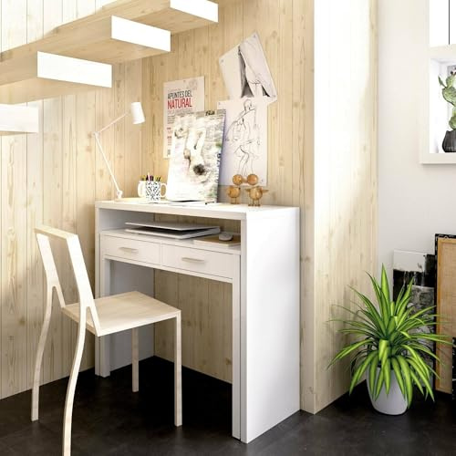 Dmora - Scrivania Losetta, Scrittoio multiposizione con piano estraibile, Consolle da studio lineare con 2 cassetti, 99x70h88 cm, Bianco