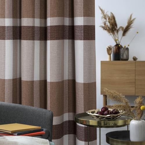 always4u Tende oscuranti 100% isolanti fonoassorbenti e fodera termica,Tenda con occhielli a quadri di bufalo per soggiorno, camera da letto, moderna e artistica, beige, marrone, 140 x 260 cm,