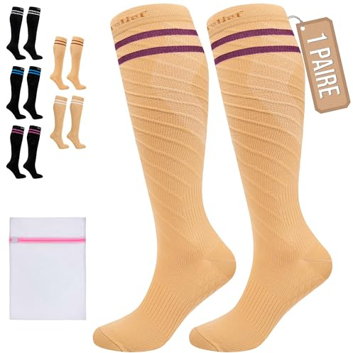 360 RELIEF Compression Socks for Women Men, 15-20 mmHg Supports Circulation, Travel Flight Socks, Pregnancy Stockings S/M, Beige with 2 Plum Purple lines + Laundry Bag