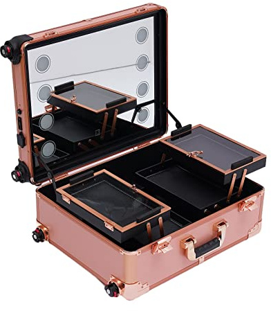 Aohuada Valise de maquillage à roulettes - Coiffeuse avec 4 roulettes - Éclairage et miroir - Mallette de maquillage professionnelle - Pieds réglables - Or rose, Or rose, 1