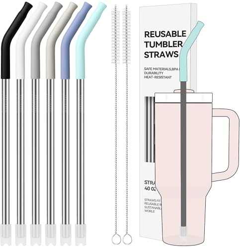 Soledea 40 oz Straight Metal Straws for 40 oz Stanley Tumbler, 6 Pcs Stainless Steel Reusable Drinking Metal Straw with Colourful Silicone Tips,Straw for Glass Cups, BPA FREE