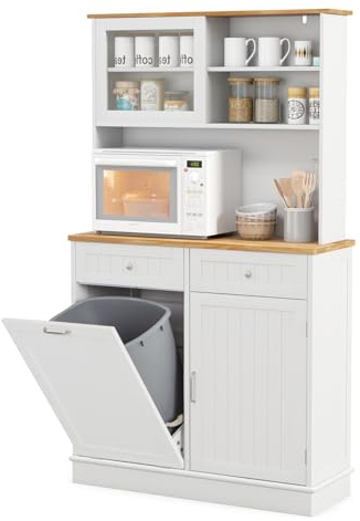 COSTWAY Kitchen Cupboard, 70L Tilt Out Trash Cabinet with Hutch | Adjustable Shelves, Rubber Wood Countertop, Glass Silding Door, Drawers & Anti-toppling Devices, Pantry Storage Sideboard