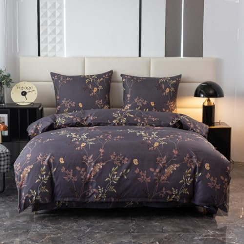 Cotton Market Bettwäsche - Bettwäsche-Sets 3 Teilig - Bettbezug 135x200 cm und 1 Kissenbezug 70x80 cm - Goldene Blumen(Violett)