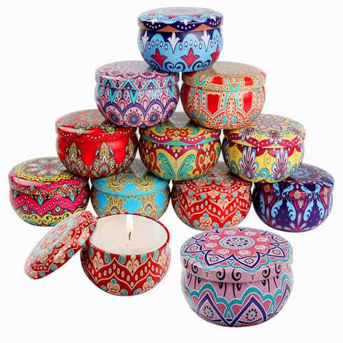 GOWTX Mixed Colours Small Candle Tins, 2.2oz Retro Metal Candle Making Jars, Unique Patterns Round Candle Cans, Mini Empty Candle Container with Lid, Bulk Wax Making Tin (Style2)