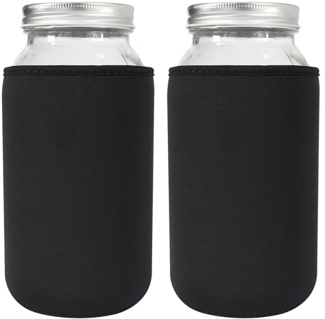 Xumbtvs 64oz Wide Mouth Mason Jar Sleeve, 2 Pcs 64 Ounce Insulated Cozy Neoprene Canning Cover,Half Gallon Mason Jars Sprouting Jars Blackout Sleeve (Black, 64oz)