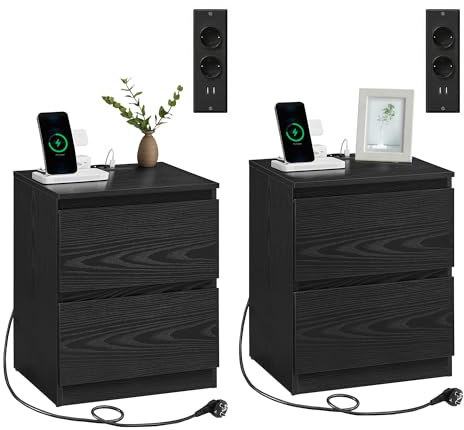 VASAGLE Mesita de Noche con Regleta de Enchufes, Juego de 2, Mesa Auxiliar, 2 Cajones, 2 Tomas AC, 1 Puerto USB-A, 1 Puerto USB-C, Sala de Estar, Dormitorio, Moderno, Negro Ébano LET821B02