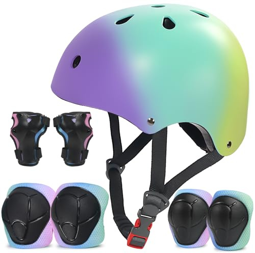 LANOVAGEAR Set de Protección Patinaje, Protección Infantil Consta de Casco Ajustable Rodilleras Coderas para Skate Patinaje Ciclismo Monopatín línea (Púrpura Verde Amarillo, M)