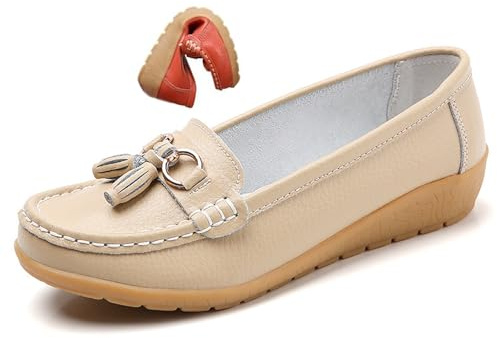 Mocasines ortopédicos de cuero para mujer, mocasines clásicos con suelas de goma antideslizante, informales, de caña baja, sin cierre, para oficina, viajes, conducción, beige, 38 EU