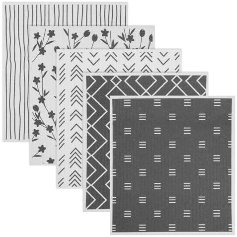 Paños de cocina suecos de 17 x 19,5 cm, lavables y absorbentes de celulosa de madera y algodón, paño de limpieza, paño de esponja para cocina, paños de cocina reutilizables (5 unidades)
