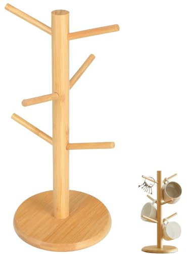 Wooden Mug Tree Stand, Mug Tree 6 Mugs for Coffee & Tea, DetachableMug Holders for Kitchen with Weighted Base, Multi-Function Storage Rack Cup Holder Storage for Tea Coffee Cups, Jewelry Display