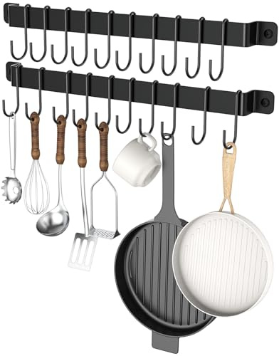 Famiron Kitchen Hanger Wall Mounted with 10 Hooks, Wrought Iron Kitchen Rail Utensil Holder Rack, Hanging Pots, Pans, Coffee Mug, Black, 17, 2 Pcs
