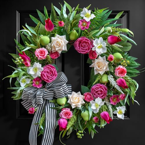 Spring Summer Wreaths for Front Door 24 Inch with Roses, Tulips & Greenery Spring Wreaths for Front Door Outside Summer Door Wreath with Ribbon Bow & Decorative Fruits Outdoor Wreath for Front Door