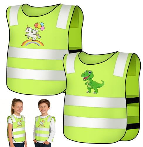 BSBUY 2 Pieces Hi Vis Vests for Kids Children's Reflective Safety Vests High Visibility Fluorescent Reflective Vest Reflective Waistcoat for Children Running Cycling Camping Hiking(Unicorn + Dinosaur)