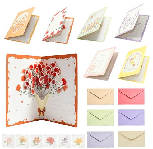 Lot de 6 Cartes Pop Up Remerciement, 3D Carte Merci avec Enveloppes et Stickers – Carte Remerciement Fleurs Originale pour Femme, Maman, Amie, Anniversaire, Bon Rétablissement