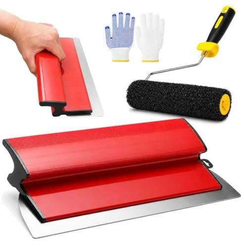 Kit de Enlucido, Llana de Enlucir Inoxidable y Rodillo de Enlucir, Alisador de Enlucido para Alisado Perfecto, Cuchillo y Espátula para Pladur y Renovación, Herramienta de Obra con Guantes de Trabajo