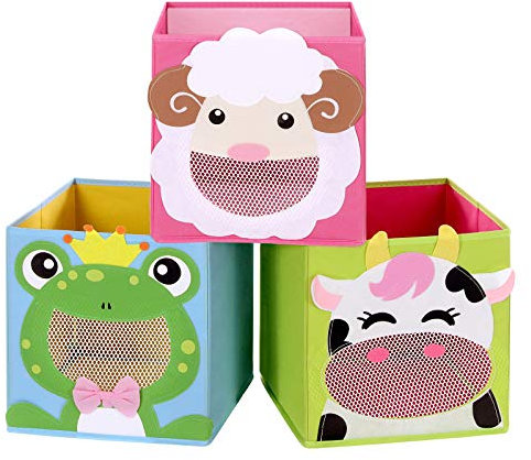 SONGMICS Storage Boxes, Set of 3, Toy Organisers, Foldable Storage Bins, Cubes, for Kid’s Room, Playroom, 27 x 27 x 27 cm, Animal Theme, Blue, Green and Pink RFB01PG