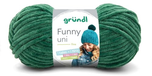 Gründl Wolle Funny uni - dicke weiche Chenille Wolle zum Häkeln - Häkelwolle - Strickwolle - Kuschelig und hautfreundlich - 100% Polyester - 1 Knäuel 100 g / 120 m - Nadelstärke 5-6 - Dunkelgrün