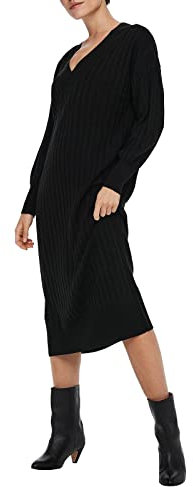 ONLY Damen Langarm Strickkleid Oversized | Loose Fit Midi Knit Dress | V-Neck Shirt Pullover Onlnew Tessa, Farben:Schwarz, Größe:M