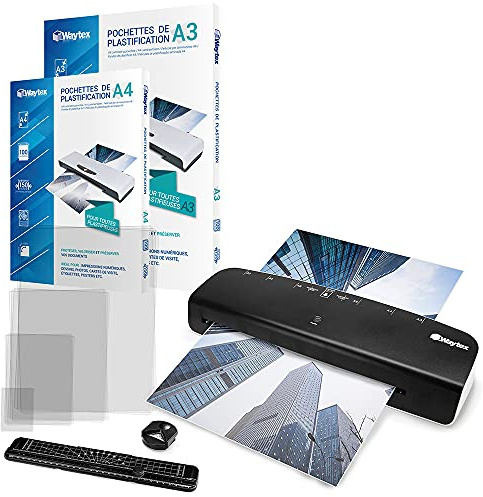 WAYTEX A78209P7376 Laminiergeräte-Set A3 A4 Pro schnell, bis zu 2 x 125 Mikron, mit Blattschneider, Winkelrunder, 100 Hüllen A3 + 100 A4 + 20 Multiformaten