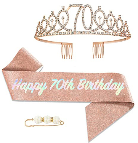 POPOYU Couronne Écharpe Diadème Cristal Tiara Kit pour Femme - Décoration Anniversaire 70 Ans (Or Rose)