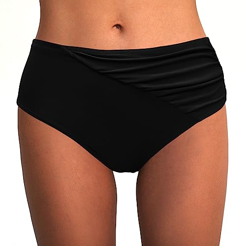 Rayson Bas de Maillot de Bain Femme Bandeau Ruched Bikini Culotte Taille Haute Short de Bain Ventre Plat Bas de Maillots Shorty(Noir,M)