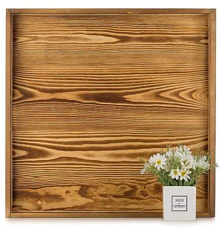 Hanobe Bandeja decorativa para servir grande: bandeja de madera, cuadrada, extra grande, rústica, quemada, bandeja decorativa con asa, bandejas para servir, XXL, para otomana, salón, cocina, 50 cm
